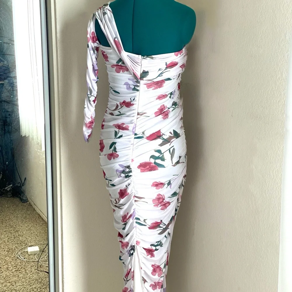 Pink and White One Shoulder Midi Bodycon Dress for Wedding Guest Size M - Picture 6 of 8